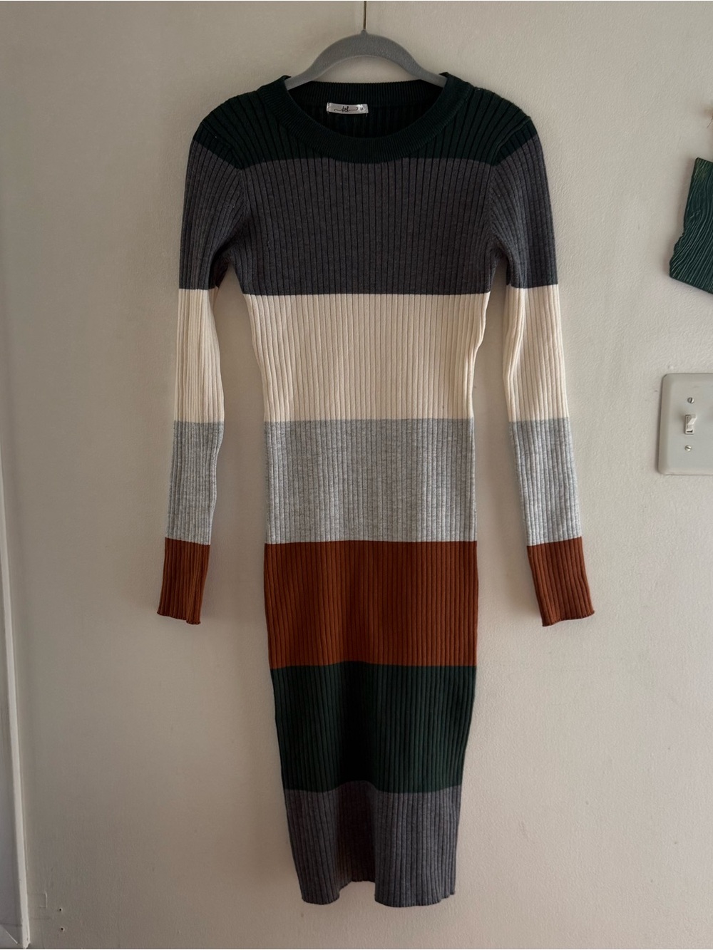 Striped Rib-Knit Long Sleeve Midi Dress in Multi-Color M